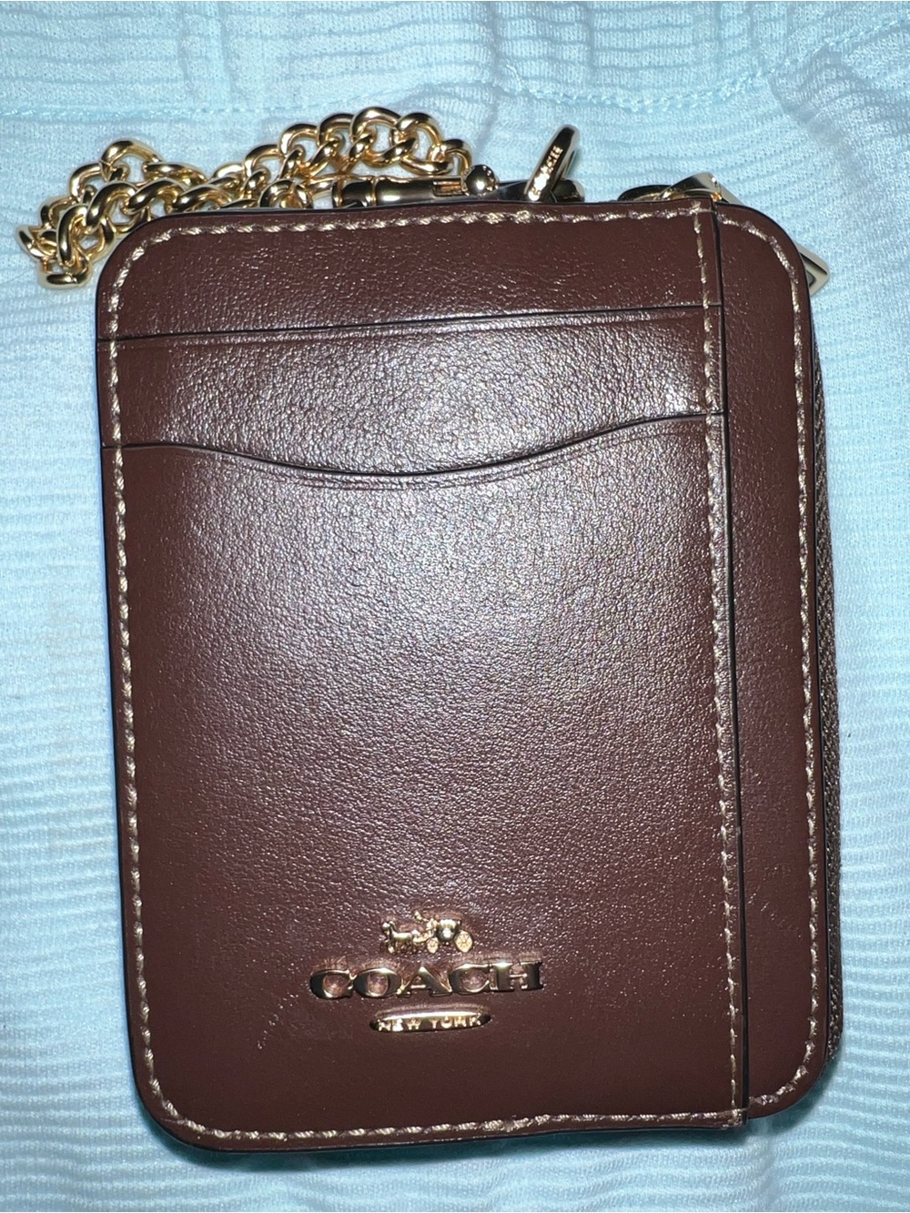 Coach Brown Leather Card Case with Gold Chain Accent